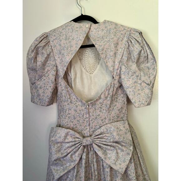 Vintage 80’s Jessica McClintock Designer Grey White Bow Floral Romantic Dress XS - Picture 6 of 8